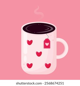 Cup of tea. Tea icon. Isolated mug of tea. Flat illustration. Design for cafes, coffeeshops, posters, banners, cards, 
advertisement. Valentines day design. Vector illustration.