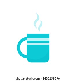 Cup of tea icon. Vector. Flat design. Blue teacup with steam isolated on white background. Mug of coffee. Cartoon colorful illustration. Clay tableware.    