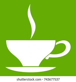 Cup of tea icon white isolated on green background. Vector illustration