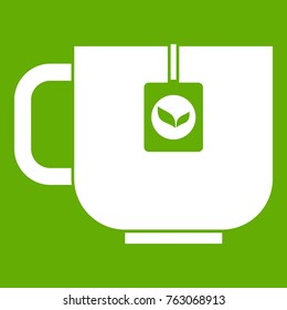 Cup of tea icon white isolated on green background. Vector illustration