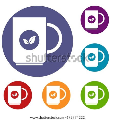 Cup of tea icons set in flat circle reb, blue and green color for web