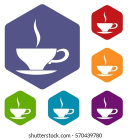 Cup of tea icons set rhombus in different colors isolated on white background
