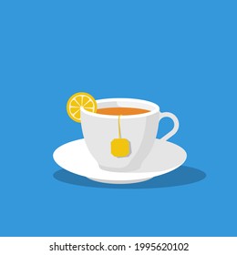 Cup of tea isolated on background. Brewed bag tea with lemon. Time relax. Vector illustration flat design. Hot drink in a white mug in a cold season.