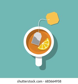 Cup of tea isolated on background. Brewed bag tea with lemon. Time relax. Vector illustration flat design. Hot drink in a white mug in a cold season.