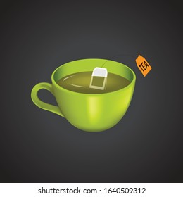 A cup of tea isolated on black background. Health drink green tea in a glass cup. Vector illustration.