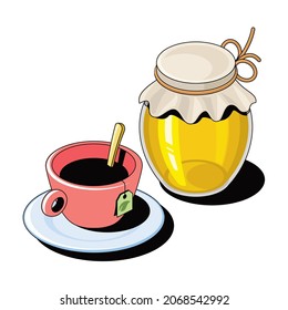 A cup of tea, a jar of honey. Vector 3d sketch line isometric style, color icon illustration. Creative design idea and infographics elements.