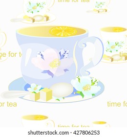 cup of tea and jasmine, seamless pattern on a white background vector illustration