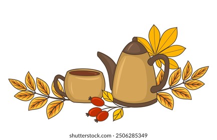 Taza de té y hervidor de agua decorado con hojas de otoño y rosa mosqueta bayas Ilustración vectorial, acogedor cartel de la hora del té de otoño, espacio de copia para el texto.