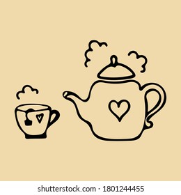 Una taza de té y un hervidor de agua, dibujos a mano de doodle, para proyectos de decoración acogedores, ilustración del Día Mundial del Té. Vector eps 10 