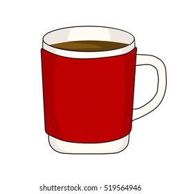 A cup of tea in the knitted garment. A mug of hot coffee. Knitted cup. Hand drawing tea cup. Vector illustration tea cup cozy. Winter card. Coffee card. Tea card. Tea logo. Coffee logo. Knitted drink.