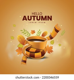 Cup of tea with knitted. hello autumn background. vector illustration background