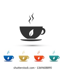 Cup of tea and leaf icon isolated on white background. Set elements in color icons. Vector Illustration