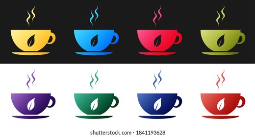 Cup of tea and leaf icon set isolated on black and white background. Vector.