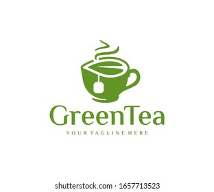Cup of tea with leaf logo design. Teahouse vector design. Hot aroma tea with green leaves logotype