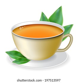 Cup of tea with tea leaves in the background