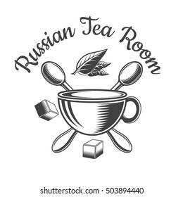 Cup with tea leaves and cross spoons. Logo for cafe, Russian tea house or business
