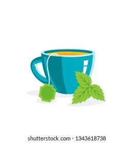 Cup of tea and leaves in front of it. Vector illustration in flat style
