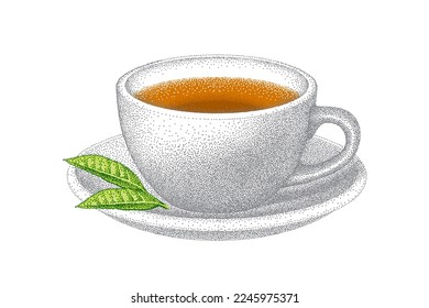 Cup of tea with leaves isolated on white background. Drink in white ceramic cup on saucer. Realistic sketch. Hand-drawn engraved vector illustration.