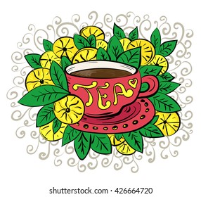 Cup of tea with leaves, lemon and curly decoration. Vector illustration isolated on White background. Teacup on dish with herbal green or black tea. Restaurant, cafe menu design. 