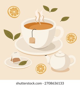 Cup of tea with leaves and lemon slices