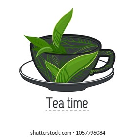 Cup of tea with leaves logo template design. Trendy style with cup of tea with leaves. Element for design invitations, gift cards, flyers and brochures. 