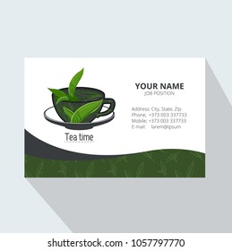 Cup of tea with leaves logo template design. Corporate Business card.  Trendy style with cup of tea with leaves. Element for design invitations, gift cards, flyers and brochures. Vector illustration.