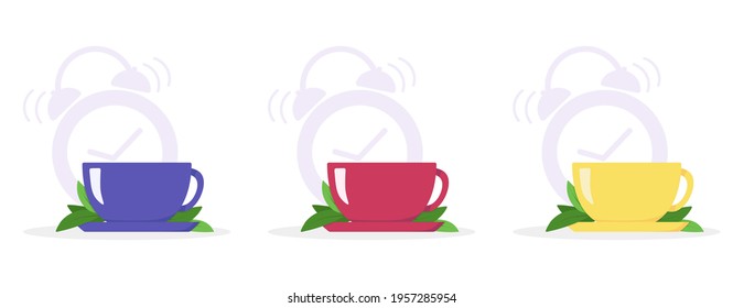 A cup of tea and tea leaves on the background of the alarm clock. Set, cups of different colors. 