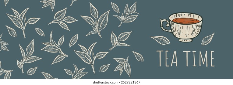 Cup of tea and leaves on green, hand drawn illustrations	