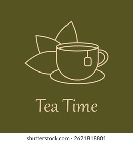 cup of tea and tea leaves outline illustration for icon or logo.