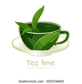 Cup of tea with leaves.  Trendy style with cup of tea with leaves. Element for design invitations, gift cards, flyers and brochures. Vector illustration isolated on white background.