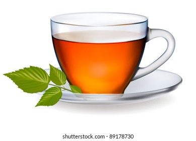 Cup of tea with leaves. Vector illustration.