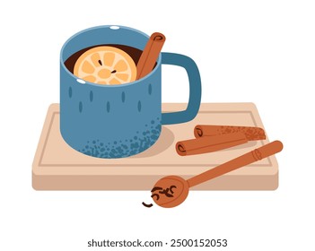Tasse Tee mit Zitrone und Zimt einzeln auf weißem Hintergrund. Gemütliche Teeparty. Flache Vektorgrafik.