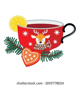 A cup of tea with lemon and cookies.Flat cartoon hot drink.A cup decorated with a deer head in a patterned scarf.Isolated vector illustration.Perfect for greeting cards,party invitations,scrapbooking.