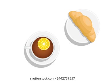 Cup of Tea with Lemon and Croissant. Breakfast time and food concept vector