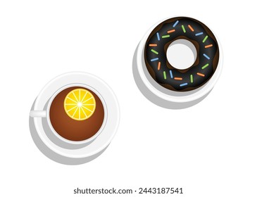 Cup of Tea with Lemon and Donut. Food drinks and snacks concept vector art