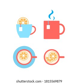 Cup of tea with lemon flat icon isolated on white. Mug of herbal or green drink symbol. Hot brewed bag tea beverage. Breakfast morning time relax. Top, front view Flat design logo vector illustration.