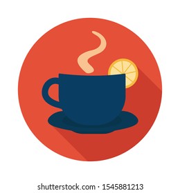 Cup of tea with lemon flat round icon with a long shadow 