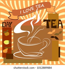 A cup of tea. Lemon, fruit. The slogan-I love tea. Ocherous background with rays