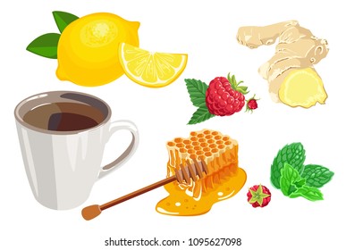 	
Cup of tea with lemon, ginger, raspberry, honey and mint. Vector simple illustration isolated on white background. Cartoon flat icon.