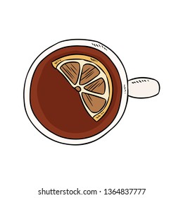 Cup of tea with lemon. Hand drawn cartoon style tea drink doodle