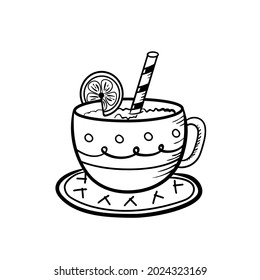 A cup of tea with lemon. Hand drawn drink in doodle style. Vector isolated illustration on a white background.