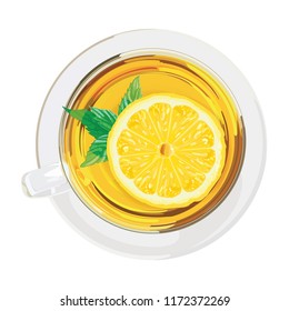 Cup of tea with lemon and mint leaves, top view.  Realistic vector.