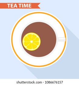 Cup of tea with lemon, a cup of tea on. Flat design, vector illustration, vector.