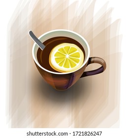 a Cup of tea with lemon on a neutral background. the view from the top. vector watercolor, imitation of living materials. realistic image. it can be used to design the menu in a cafe. stock vector