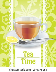 Cup of tea with lemon on a saucer