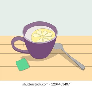 cup of tea with lemon on the table, vector
