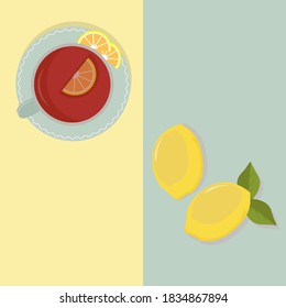 Una taza de té con limón sobre un fondo de dos colores. La vista desde arriba