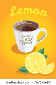 Cup of tea with lemon on yellow background. Vector illustration.