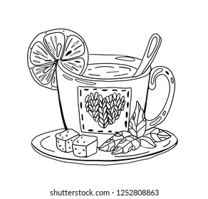 
A cup of tea with lemon, a piece of sugar and mint leaves. Hand-drawn illustration of morning tea.