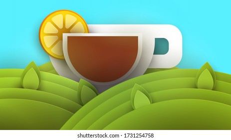 Copa con tés y rebanada de limón sobre fondo de campo verde. Composición artística abstracta en estilo de papeleo geométrico moderno. Plantilla de diseño de concepto minialista para la marca. Ilustración plana vectorial.